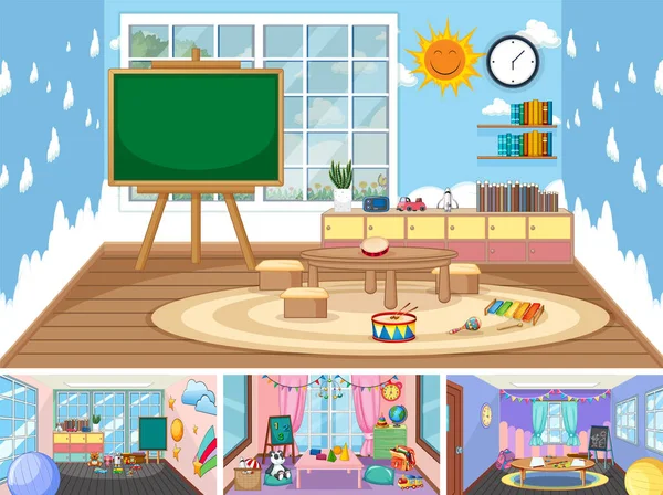 Set Different Kindergarten Classroom Scenes Illustration — 스톡 벡터