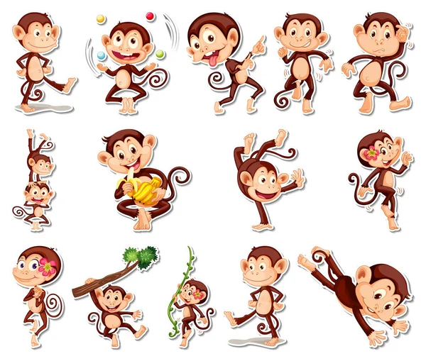 Sticker Set Funny Monkey Cartoon Characters Illustration — Vettoriale Stock