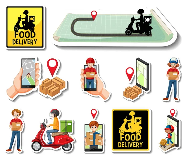 Sticker Set Delivery Objects Cartoon Characters Illustration — Image vectorielle