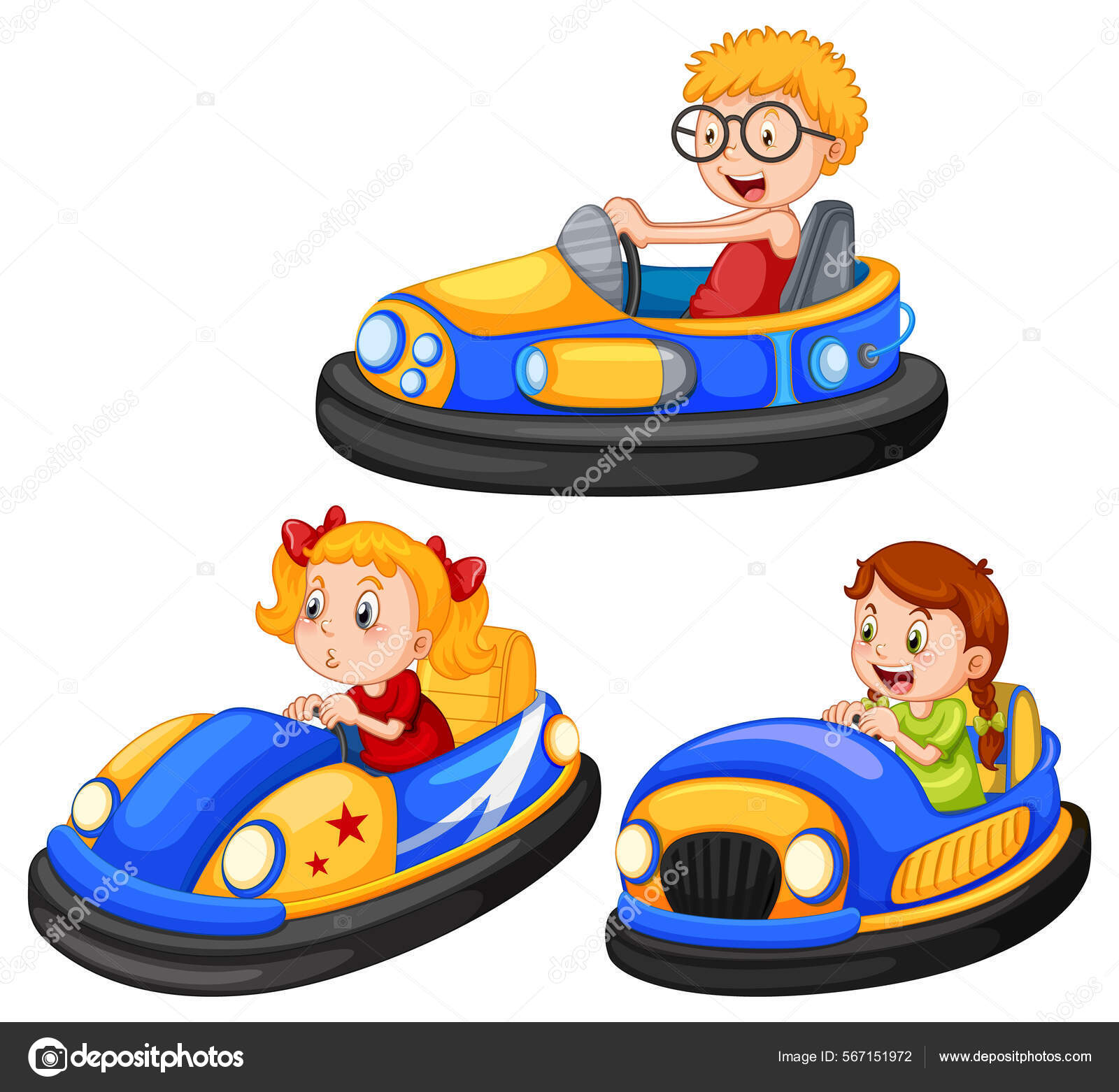Set Different Kids Driving Bumper Cars Cartoon Style Illustration.