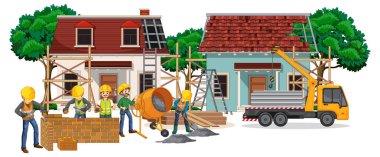 İşçi illüstrasyonuyla izole edilmiş inşaat alanı