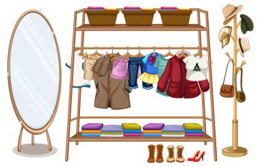 Çubuklarda asılı farklı kıyafetler.