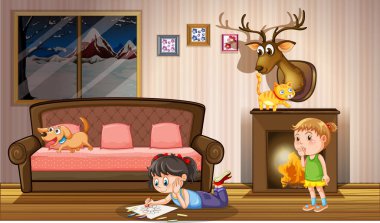 Scene with kids playing indoor illustration