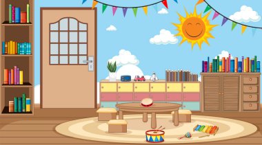 Odadaki oyuncaklar ve kitaplarla dolu sahne