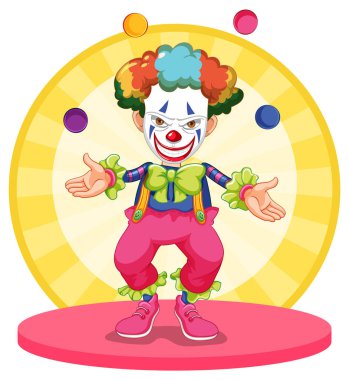 Çizgi film palyaçosu top gösterimi yapıyor.