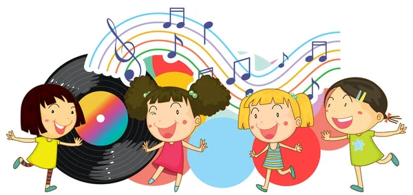 Щасливі Діти Танцюють Музичними Нотами Білому Тлі Ілюстрація — стоковий вектор