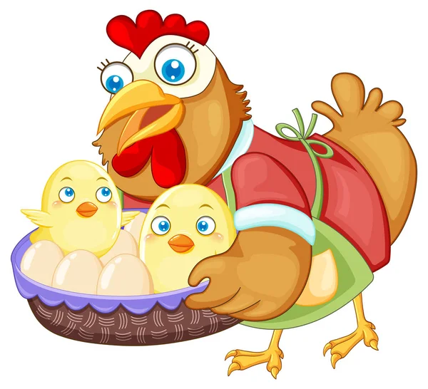 Schattige Kip Cartoon Karakter Met Een Mand Van Eieren Kuiken — Stockvector