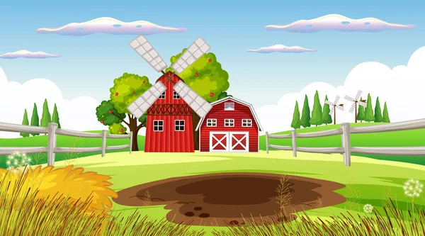 Fondo Granja Con Granero Molino Viento Ilustración — Vector de stock