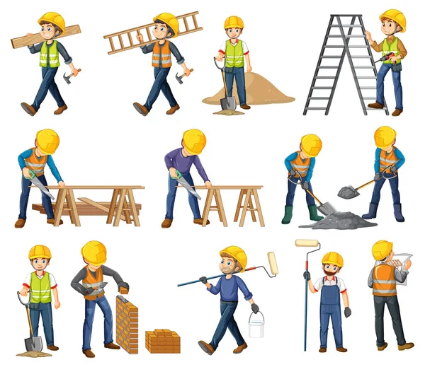 Set Construction Site Objects Workers Illustration — Stock Vector