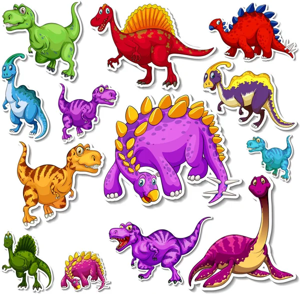 Sticker Set Different Dinosaurs Cartoon Illustration — Stockový vektor
