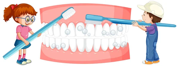 Happy Kids Brushing Teeth Toothbrush White Background Illustration — Stok Vektör