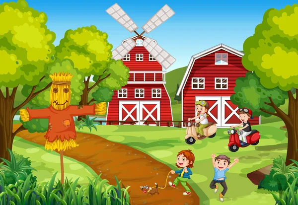 農場の風景イラストの幸せな子供たち — ストックベクタ