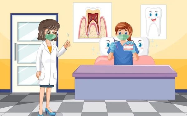 白底图上的牙科医生持牙器及蛀牙检查 — 图库矢量图片
