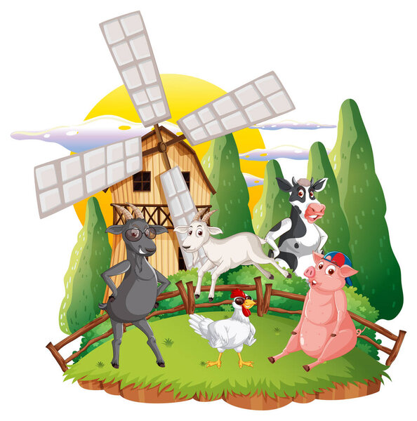 Happy animals in farm cartoon illustration