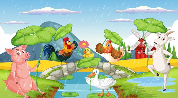 Farm Background Happy Animals Illustration — Archivo Imágenes Vectoriales