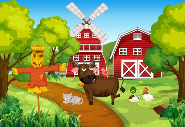 Animals Farm Landscape Illustration — Stock Vector