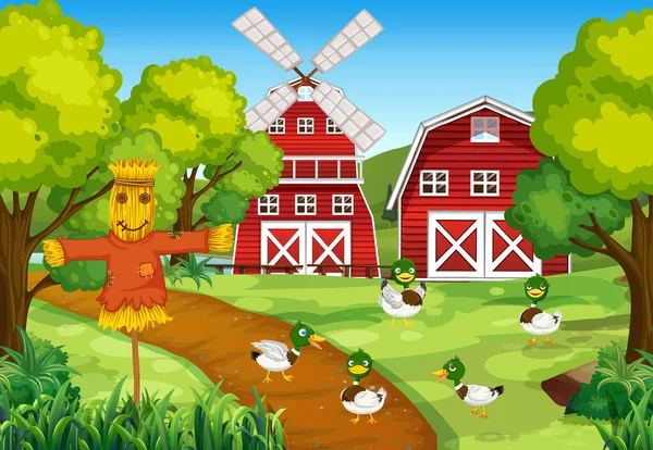 Granja Escena Con Patos Espantapájaros Ilustración — Archivo Imágenes Vectoriales