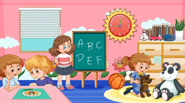 Kindergarten Classroom Scene Children Illustration — Wektor stockowy