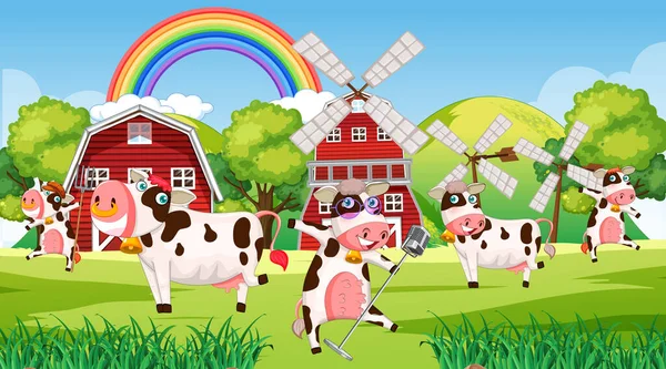Farm Scene Happy Cows Illustration — Vetor de Stock