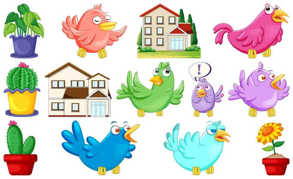 Different House Designs Cute Birds Illustration — Vetor de Stock