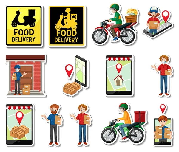 Sticker Set Delivery Objects Cartoon Characters Illustration — Wektor stockowy