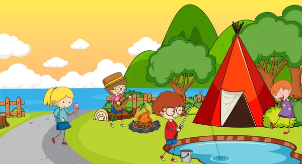 自然を背景にした子供たちとのシンプルなキャンプイラスト — ストックベクタ