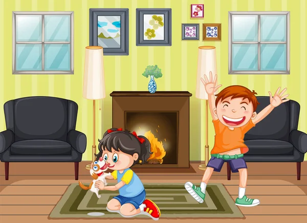 Two Kids Being Happy Home Illustration — Διανυσματικό Αρχείο