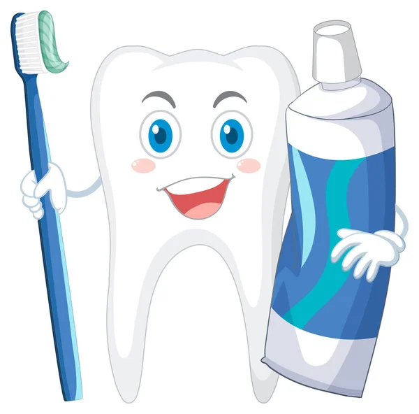 Feliz Limpieza Diente Grande Con Cepillo Ilustración Hilo Dental — Vector de stock