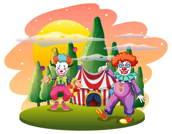 Odizolowana Scena Świeżym Powietrzu Postaciami Kreskówek Clown Ilustracja — Wektor stockowy