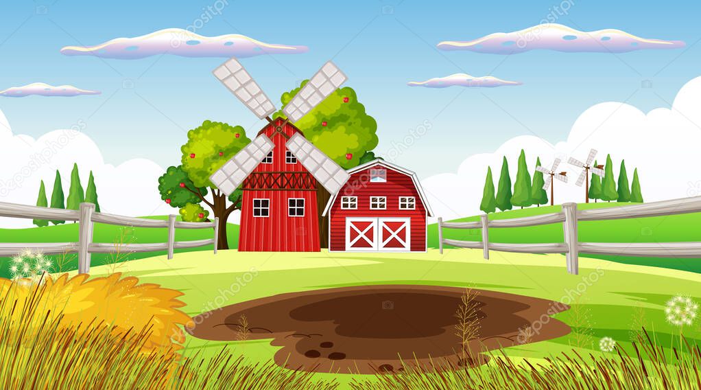 Farm background with barn and windmill illustration