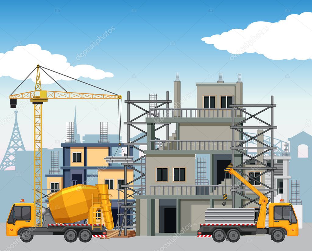 House construction site with workers illustration