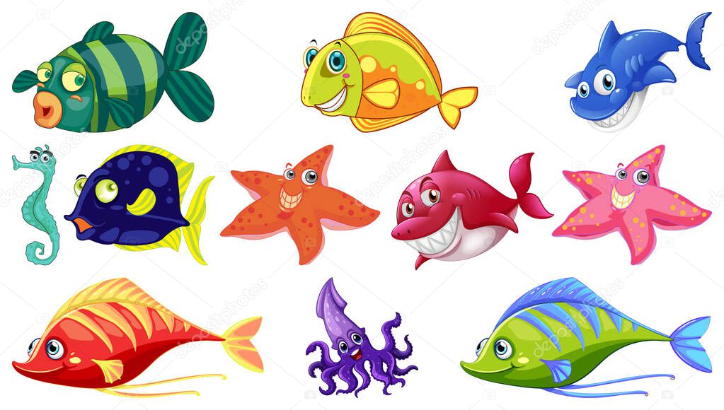 Sea animals cartoon collection illustration