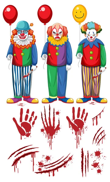 Set Creepy Clown Characters Elements Illustration — Stock Vector