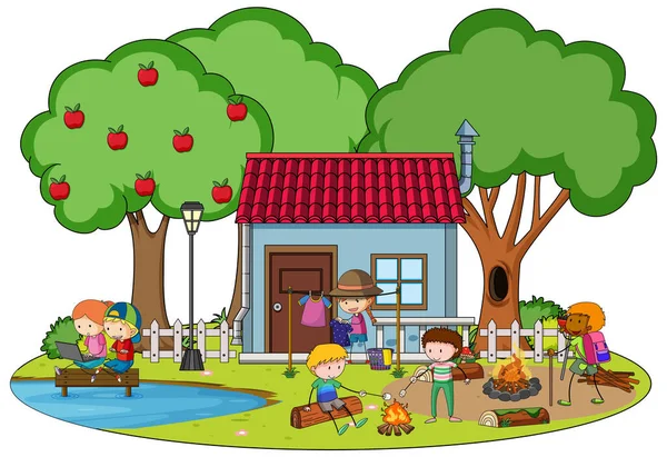 Many Children Playing Garden Illustration — Stockvector