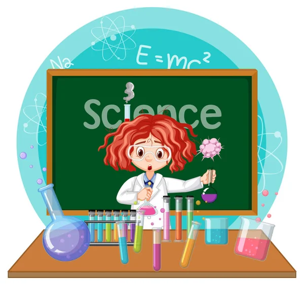 Naukowiec Dziewczyna Kreskówki Charakter Urządzeń Laboratoryjnych Ilustracja — Wektor stockowy