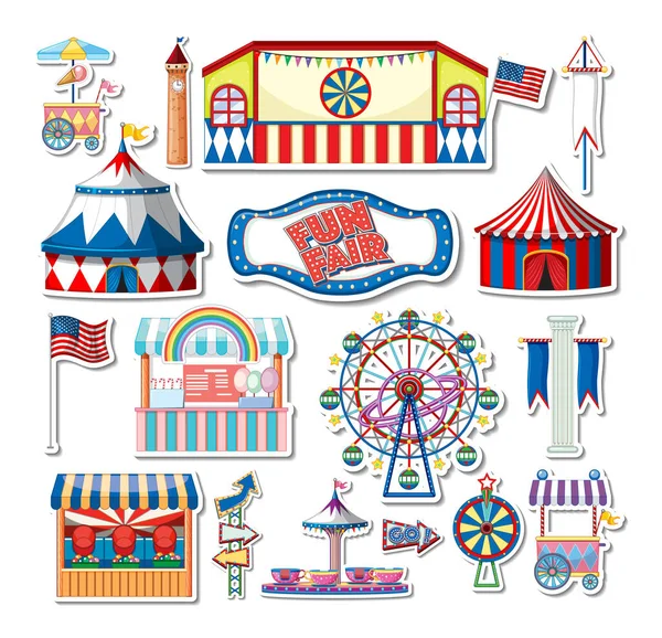 Sticker Set Amusement Park Objects Cartoon Characters Illustration — Stock Vector