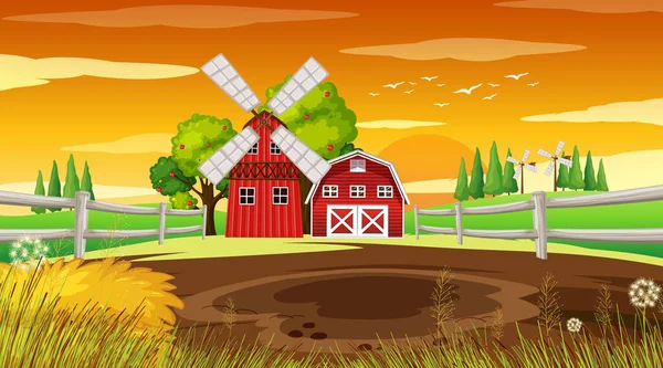 Boerderijachtergrond Met Schuur Windmolen Illustratie — Stockvector