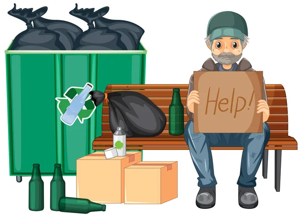 Homeless Man Holding Help Sign Sitting Garbage Illustration — Image vectorielle