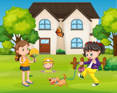 Birçok çocuk resimli ev sahnesi