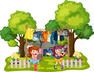 Two girls singing and dancing in the park illustration