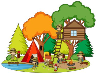 Park illüstrasyonunda izci çocukların kamp yaptığı sahne.
