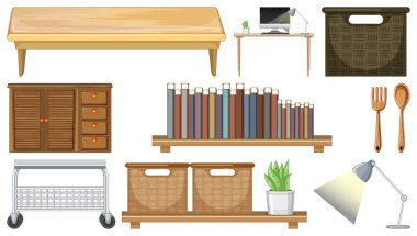 Beyaz arkaplandaki mobilyalar ve ev aletleri