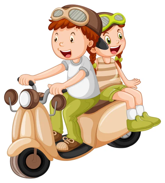 男の子は女の子の漫画のイラストでオートバイに乗って — ストックベクタ