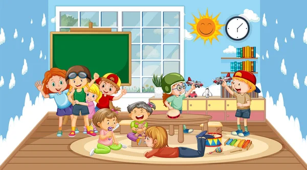 Jelenet Osztályteremben Sok Gyermek Játszik Illusztráció — Stock Vector