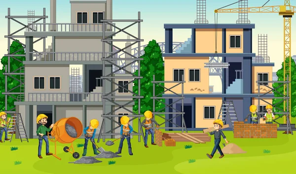 Hausbaustelle Mit Arbeitern Illustration — Stockvektor