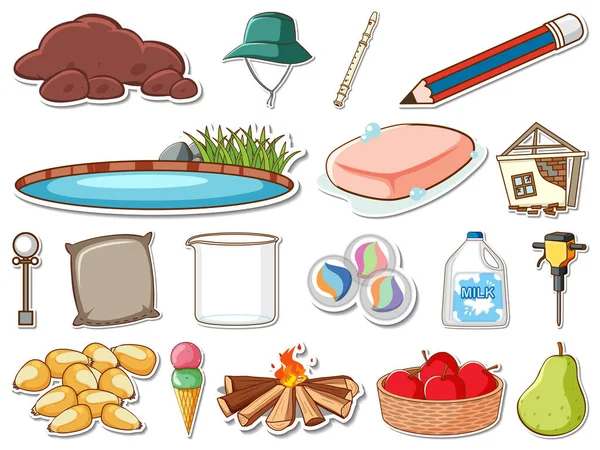 Sticker Set Mixed Daily Objects Illustration — стоковый вектор