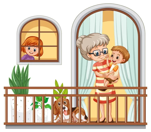 Granny Her Nephew Standing Balcony Illustration — Stock Vector