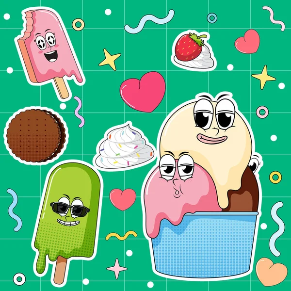 Set Funny Food Dessert Characters Illustration — 스톡 벡터