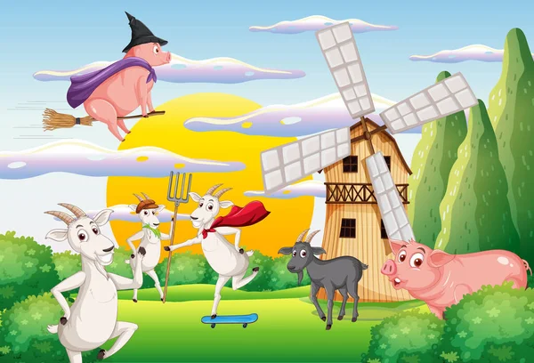 Farm Background Happy Animals Illustration — Stok Vektör