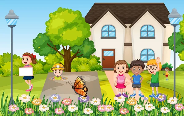 Scena Della Casa Con Molti Bambini Illustrazione — Vettoriale Stock